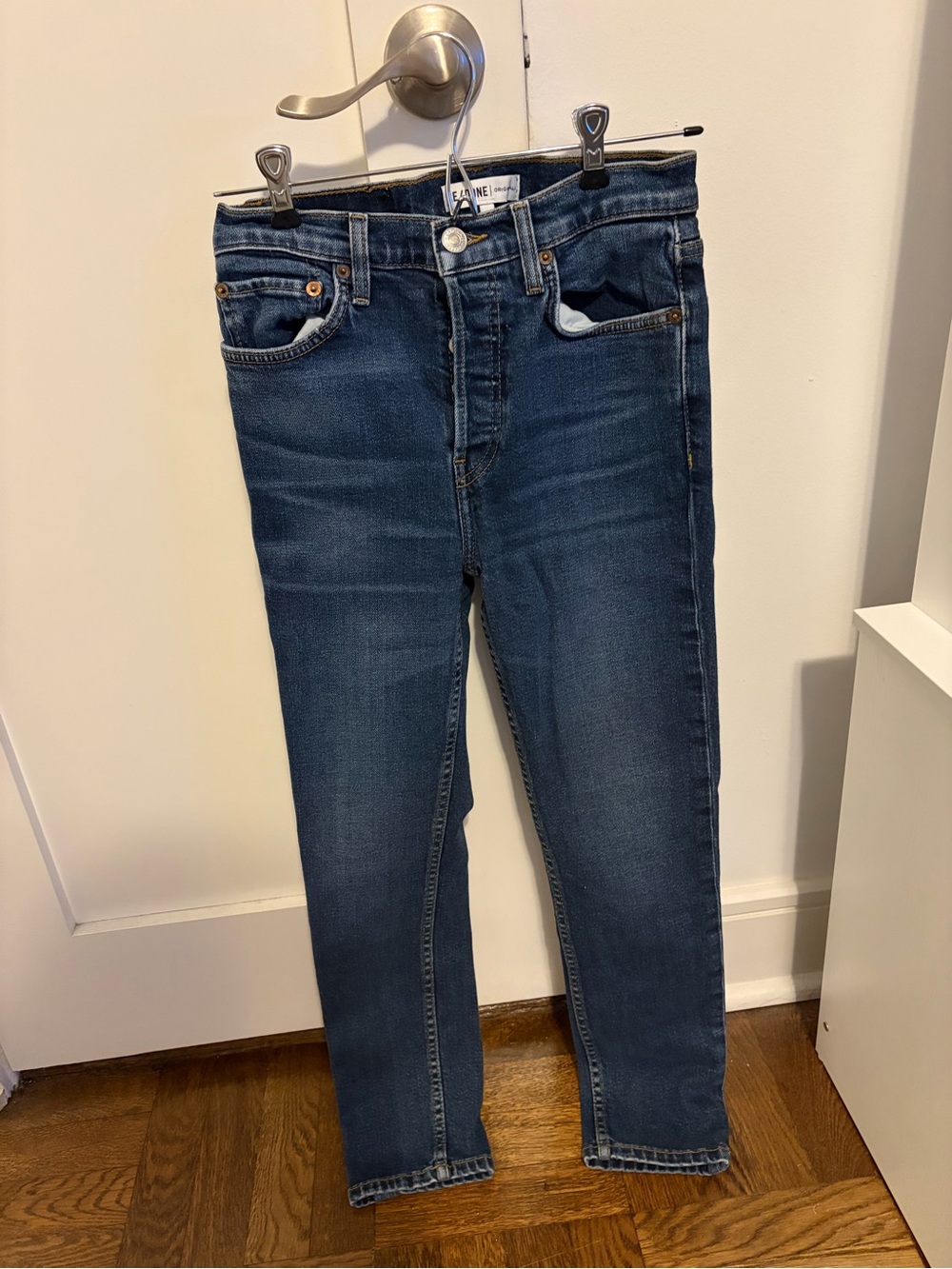 Re/Done Women Straight Leg Jeans in Dark Blue Indigo